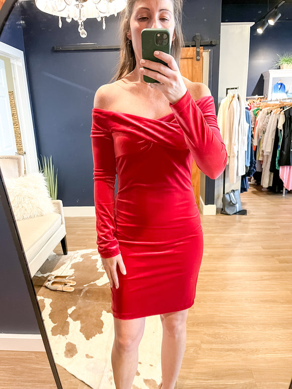Red Velvet Off the Shoulder Dress
