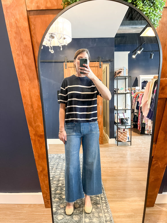 Navy Striped Cashmere Roll Trim TShirt
