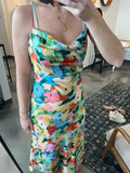 Multi Floral Silky Drape Neck Dress