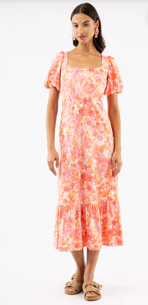 Coral Print Puff Sleeve Maxi Dress