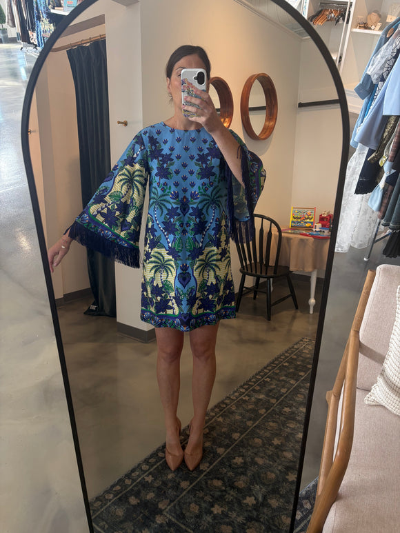Blue Print Fringe Sleeve Shift Dress