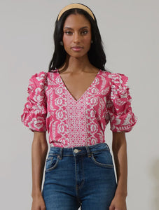 Pink Print V Neck Blouse