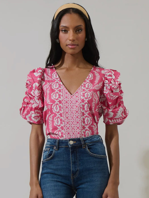 Pink Print V Neck Blouse