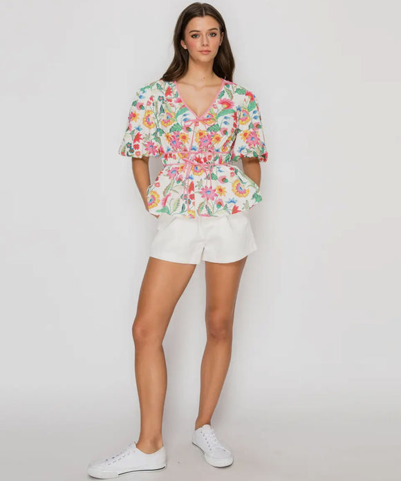 Flower Print Top w/ Bow Tie