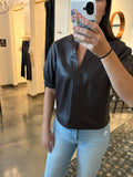 Brown Faux Leather Split Neck Top