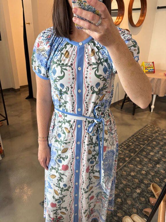 Sea Mural Button Down Tie Waist Dress