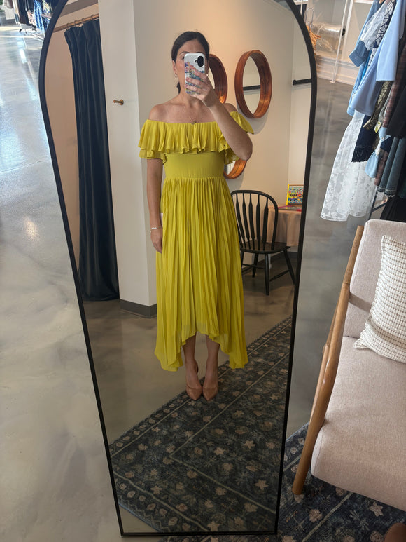 Yellow Pleated Off the Shoulder Dress