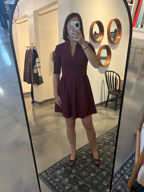 Wine Mixed Material 3/4 Sleeve Dress