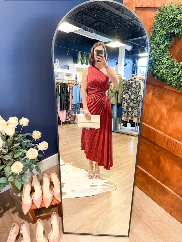 Rust Pleated One Shoulder Dress