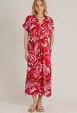 Red Printed Button Down Belt Dress