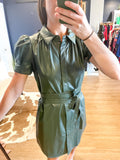 Green Faux Leather Tie Waist Dress