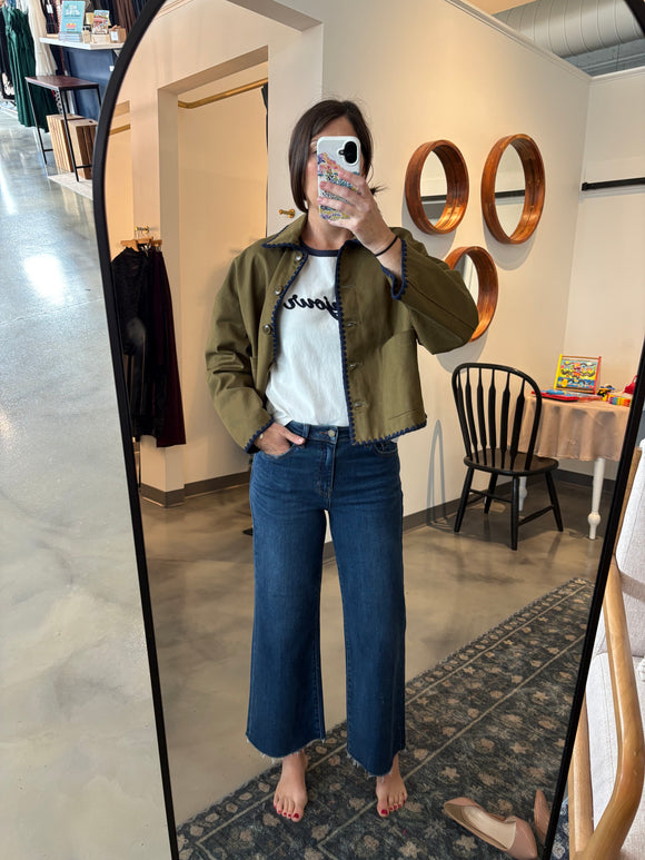 Olive Collar Jacket w/ Contrast Stitch
