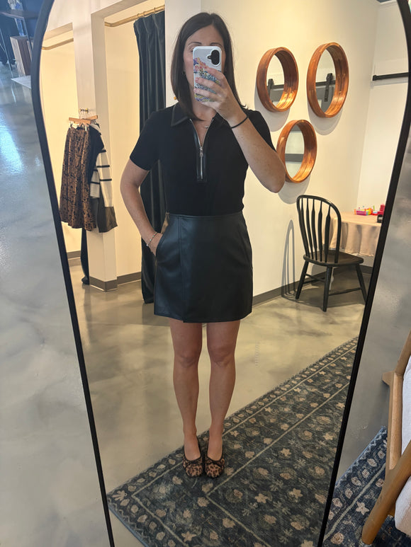 Black Leather Mini Skirt Polo Collar Dress