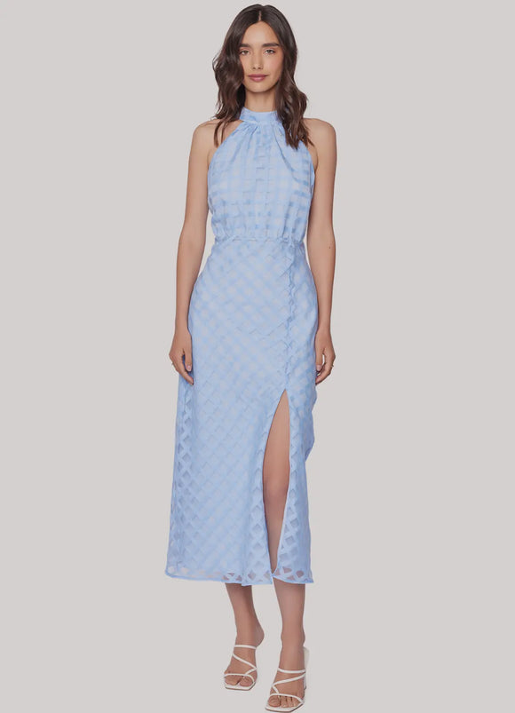 Blue Plaid Textured Halter Dress