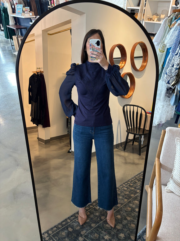 Navy Chiffon Sleeve Front Line Blouse