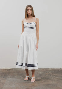 White w/ Navy Accent Midi Dress