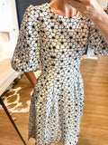 Black & White Flower Print Puff Sleeve Dress