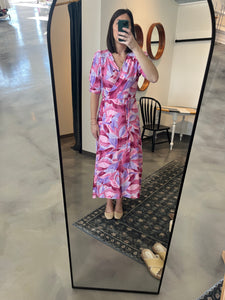 Pink Short Sleeve Midi Wrap Dress