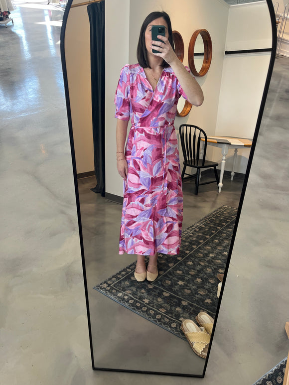 Pink Short Sleeve Midi Wrap Dress