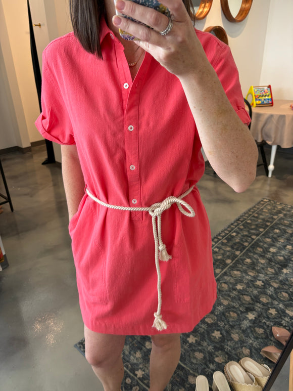 Coral Half Placket Shirt Dress w/ Rope Tie