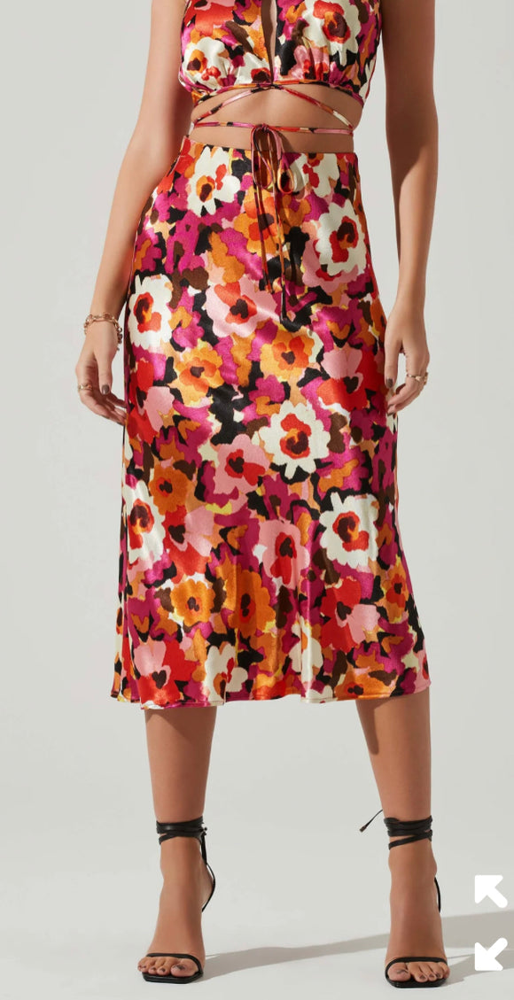 Multi Floral Satin Midi Skirt
