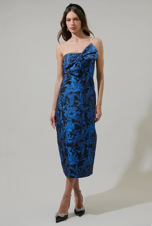 Cobalt Jacquard Bow Strapless Dress