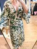 Green Silky Print V Neck Dress