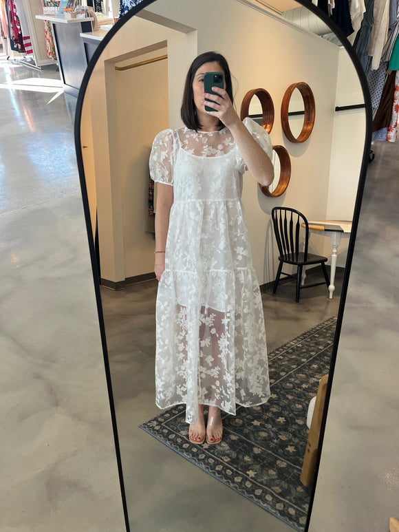 White Floral Mesh Puff Sleeve Dress