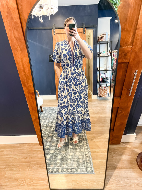 Blue Print Puff Sleeve Maxi