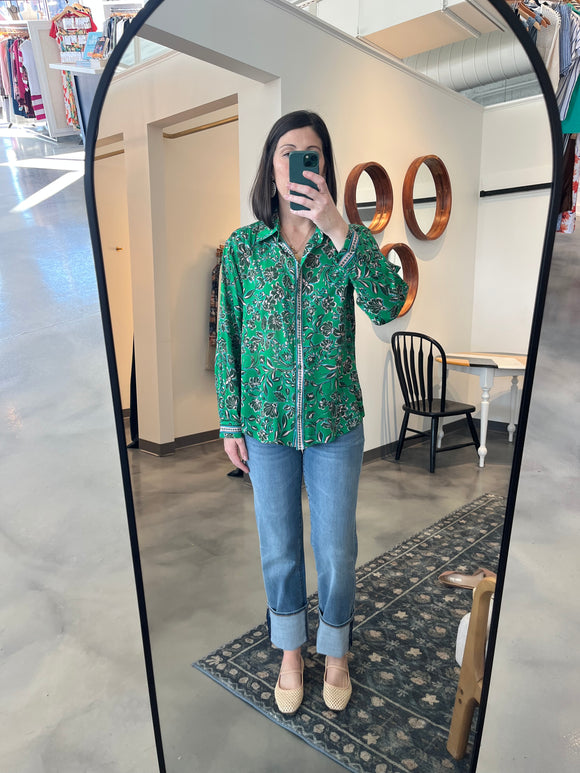 Green Floral Print Button Down