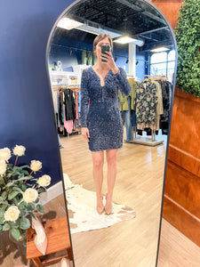 Blue Velvet & Sequin Dip Neck Mini Dress