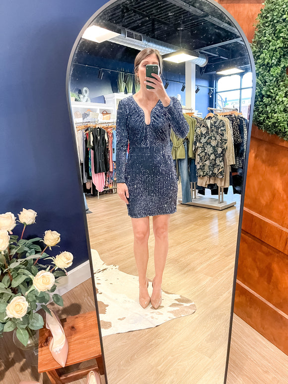 Blue Velvet & Sequin Dip Neck Mini Dress