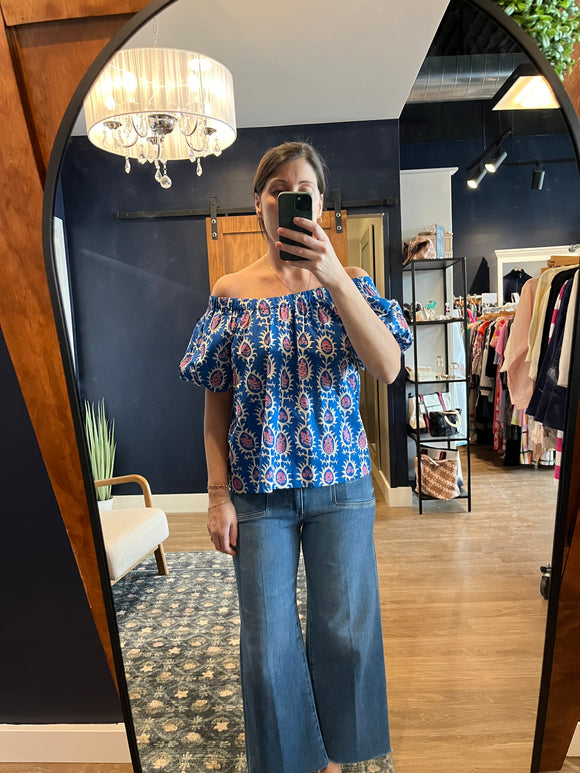 Blue Print Off the Shoulder Top