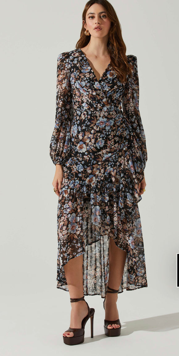Black Blue Floral L/S Dress