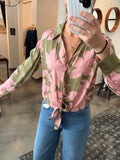 Pink/Olive Print Tie Front Blouse