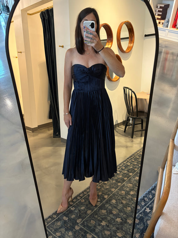 Navy Pleated Strapless Dress