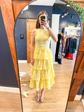 Yellow Lace Tiered Midi Dress