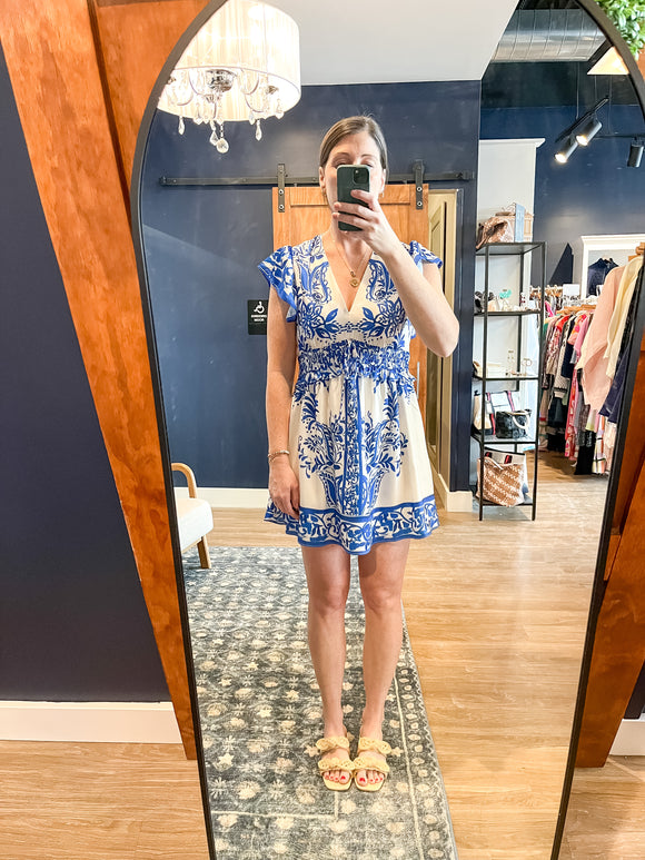 Blue Printed Smock Waist Mini Dress