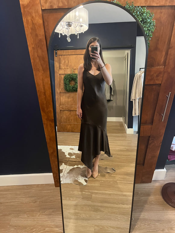Brown Ruffle Hem Slip Dress