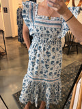 Blue Bouquet Floral Ruffle Shoulder Dress