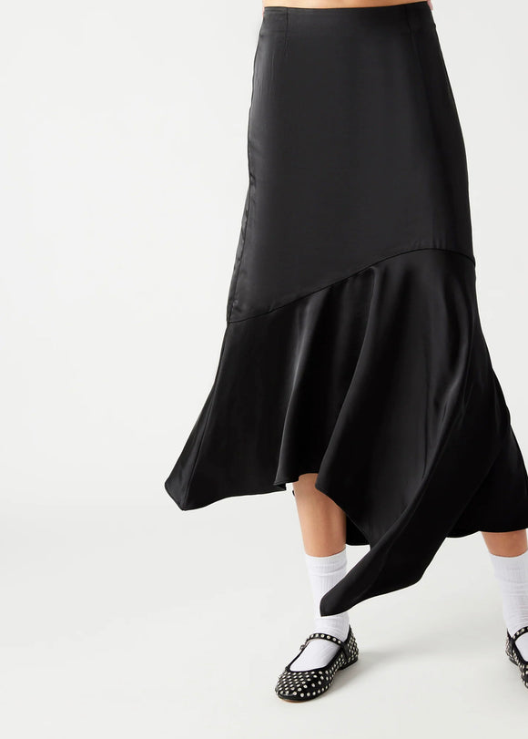 Black Asymmetrical Hem Satin Skirt