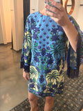 Blue Print Fringe Sleeve Shift Dress