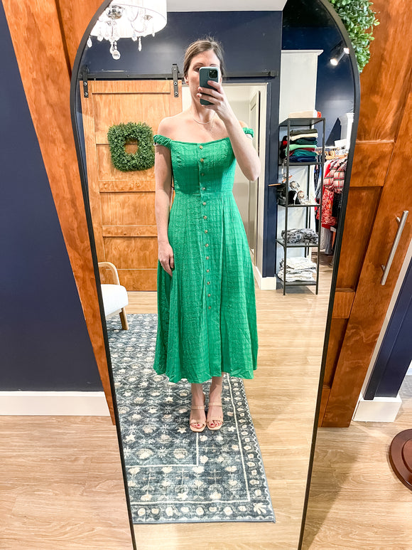 Green Button Front Off the Shoulder Dress