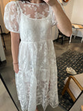 White Floral Mesh Puff Sleeve Dress