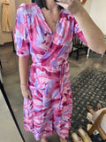 Pink Short Sleeve Midi Wrap Dress
