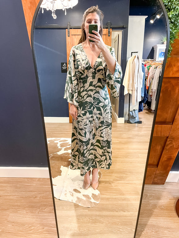Green Silky Print V Neck Dress
