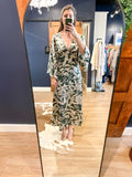 Green Silky Print V Neck Dress