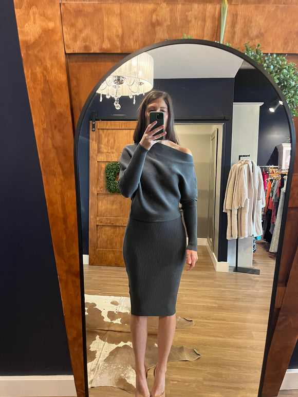 Olive Ribbed Asymmetrical Shoulder Sweater Dress