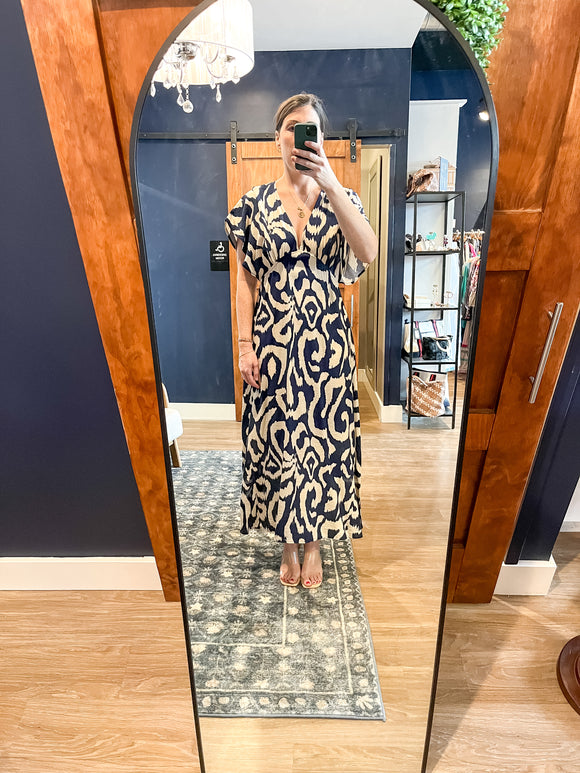 Navy Print V Neck Sleeve Dress