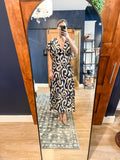Navy Print V Neck Sleeve Dress